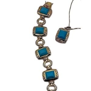 Ross Simons Gold Vermeil Sterling Silver 925 Torquoise Link Bracelet Pendant Set